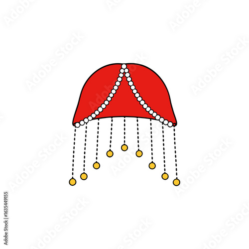 Illustration of a red valance with white beads and gold tassels on transparent background