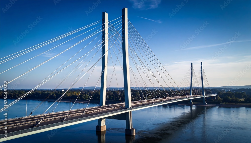 Naklejka premium Aerial view of a modern cable-stayed bridge spanning a river