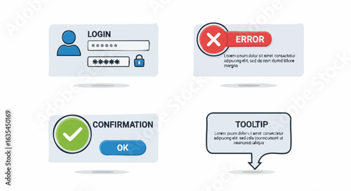 Digital user interface elements login error confirmation tooltip boxes