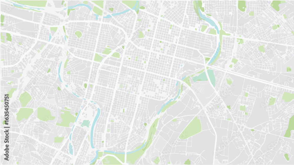 Fototapeta premium Vector aerial view of a city map with parks, roads, and rivers in a muted color palette, showing urban layout