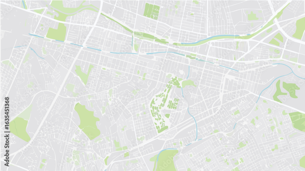 Fototapeta premium Vector aerial view of a city map with parks, rivers, and street grid in a light color palette displaying urban layout