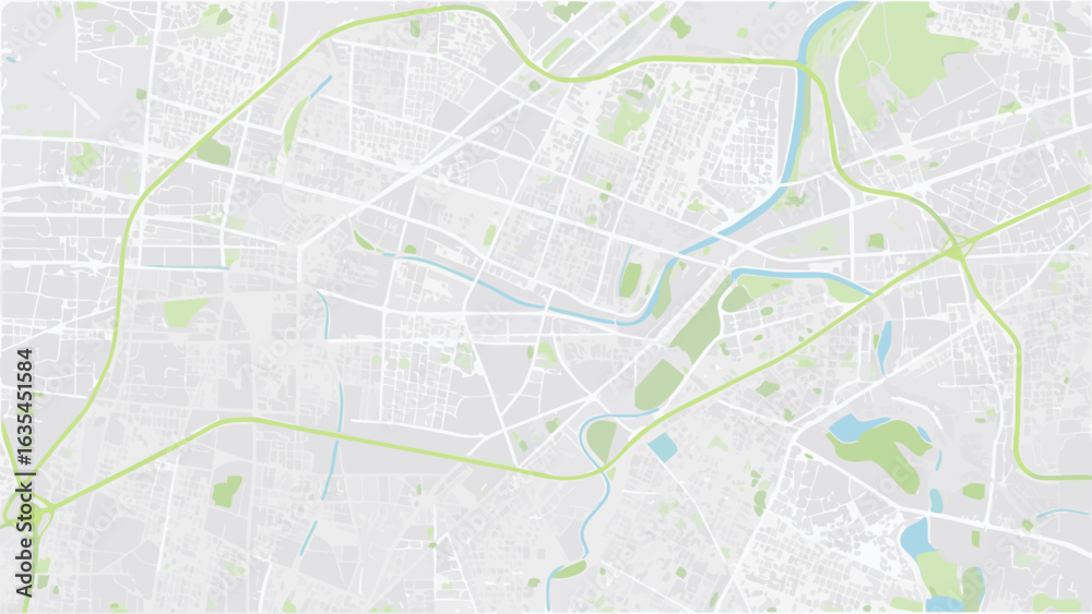 Fototapeta premium Vector aerial view of a city map featuring roads, rivers, and green spaces in a light color palette design