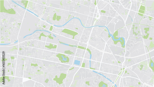 Vector overhead view of a city map featuring roads, rivers, and green spaces in a muted color palette design