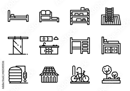 Hostel & Shared Living Vector Icon Set | Bold Line Style | Bunk Bed, Dorm, Kitchen, Locker, Bicycle, Bed, Furniture, Storage, Common Area Icons