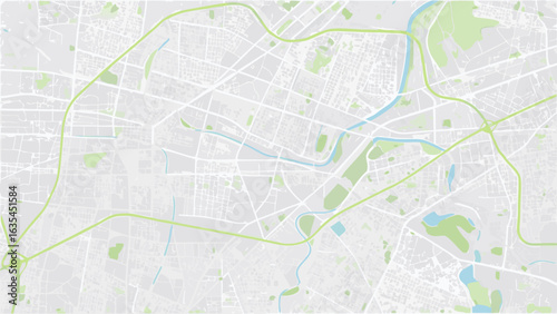 Vector aerial view of a city map featuring roads, rivers, and green spaces in a light color palette design