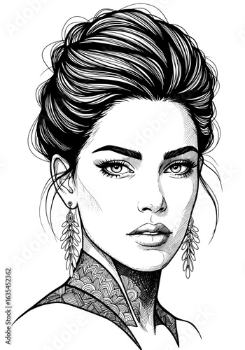Elegant woman portrait showcasing intricate hairstyle and detailed earrings, perfect for beauty concepts