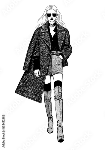 Stylish woman in oversized coat and thigh high boots exudes confidence and edgy fashion sense
