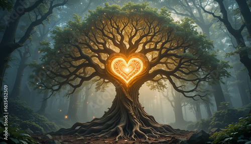 A luminous heartshaped light shines from a tree in a tranquil forest