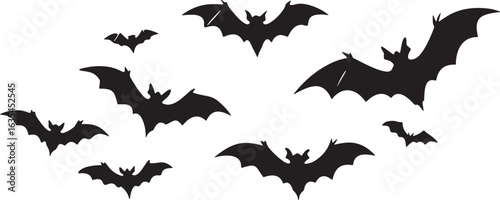 Black bat silhouettes flying on a white background Halloween theme bats