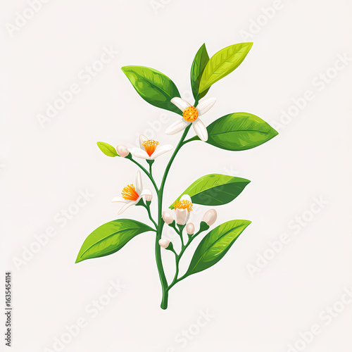 Floral Branch: A detailed illustration of a blooming branch with delicate white flowers vibrant green leaves and small buds against a soft backdrop