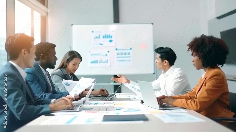 Dynamic diverse team analyzing business data, collaborating at modern office conference table Dynamic diverse team analyzing business data, collaborating at modern office conference table