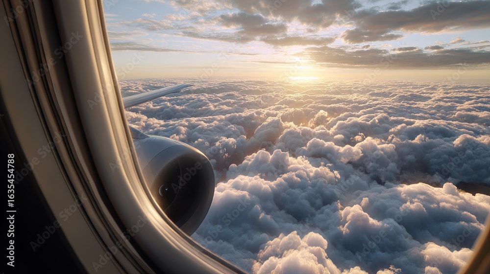 Naklejka premium View from airplane window showing fluffy clouds and sunset with visible jet engine and wing