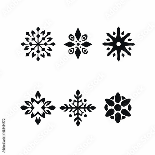 Assorted snowflakes in silhouette showcase winter's unique ice crystals embodying holiday spirit and frosty beauty in a minimalist design