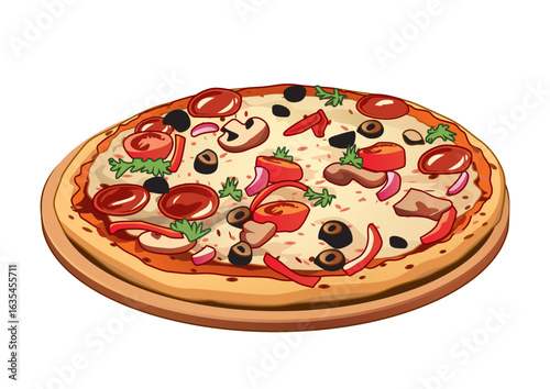 Delicious pizza topped with pepperoni, olives, and fresh vegetables placed on a wooden platter. Food concept