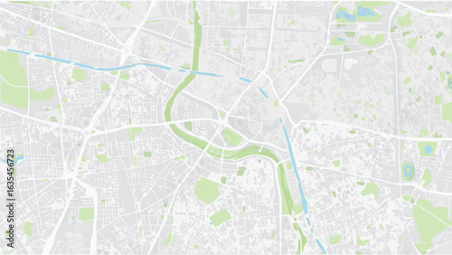 Vector aerial view of city map with parks rivers and roads in light gray green and blue color palette style