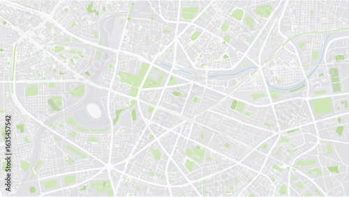 Vector aerial view of a city map showing roads parks and rivers in a light color palette creating a detailed plan