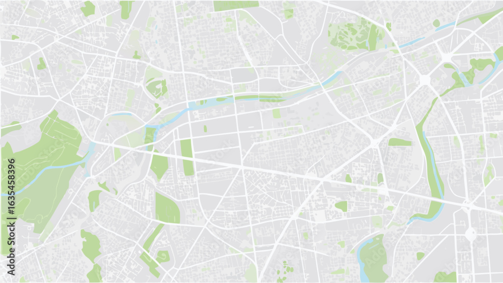 Fototapeta premium Vector aerial view of a city map featuring parks, waterways, and a network of streets and roads layout design