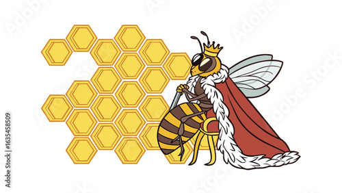  Queen Bee Sitting on Honeycomb Throne Illustration.eps