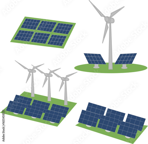 Set of Ecological Energy.  Turbines Solar Panel. Alternative energy icon. Solar cell and wind power symbol, plant and sun, renewable energy Symbol. 