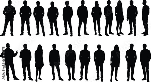 Silhouettes of diverse people, men and women, standing group, casual fashion, teamwork, business concept, diversity, crowd, isolated on white background