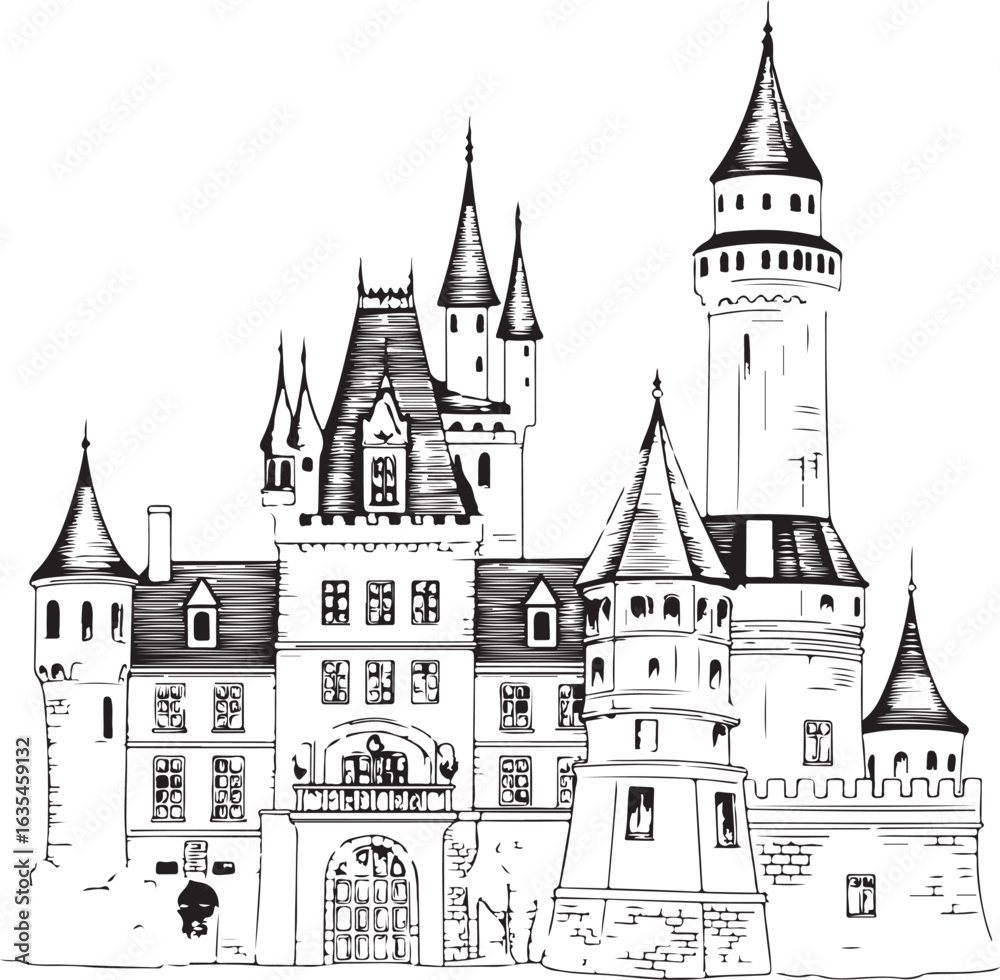 Fototapeta premium Engraved Castle Architecture Vector Pack – Retro Fortresses, Towers, and Scenic Keeps