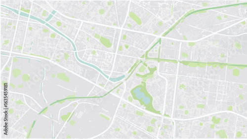 Vector aerial view of a city map with roads, rivers, parks and buildings in a light color palette scheme design
