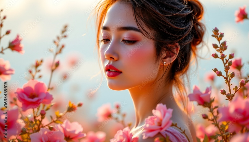 Fototapeta premium A young woman with an enchanting gaze, set against a backdrop of delicate pink flowers.