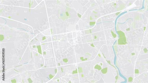 Vector overhead view of a city map with parks and a river running through it with light gray background color