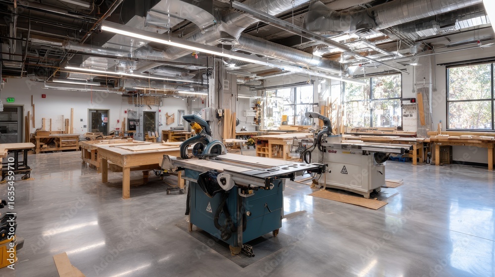 Naklejka premium Woodworking class, workshop tools, bright windows, design school