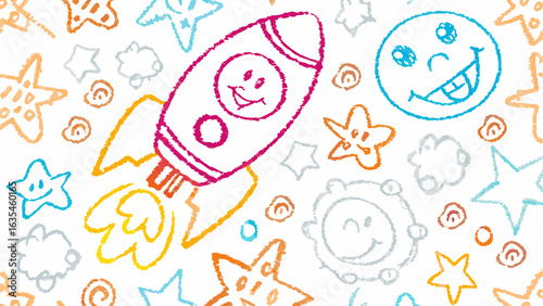 Hand drawn crayon style space scene with a rocket ship stars planets and clouds on a white background