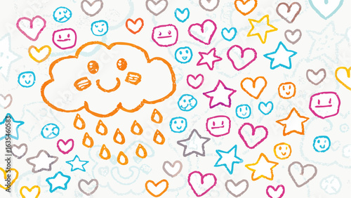 A whimsical drawing featuring a smiling cloud with raindrops surrounded by hearts and stars design