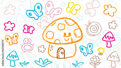 A whimsical drawing of a mushroom house surrounded by butterflies and flowers in a crayon style art