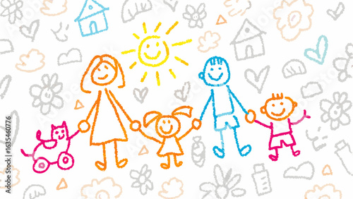 Stylized crayon drawing of a family holding hands with a cat and sun in a doodle background