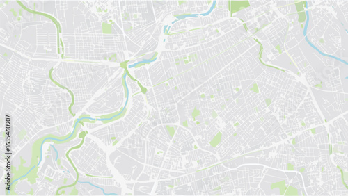 Vector aerial view of a city map with intricate street patterns and winding rivers in a muted color palette