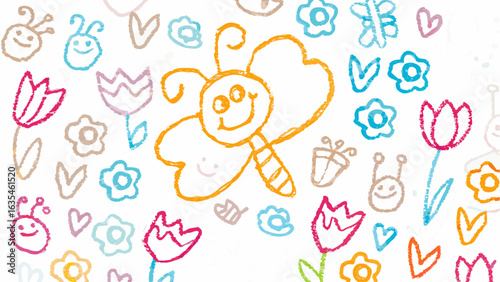 Illustration of a cartoon butterfly surrounded by flowers hearts and smiling bugs on a white background