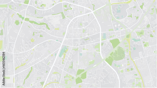 Vector aerial view of a city map showing streets and green spaces in a muted color palette with light gray lines