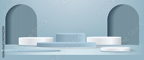Modern minimalist podium background with blue geometric platforms, vertical stripe accents, and soft gradients, ideal for product display or branding.