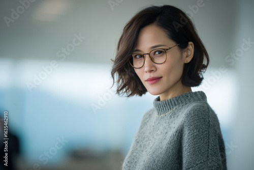 female ai wearing glasses emanating confidence and intelligence in professional setting