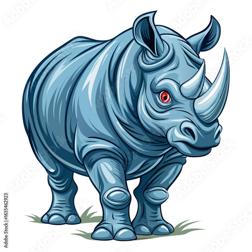 Powerful blue rhino with striking red eye stands ready on grassy ground, exuding strength and wild spirit