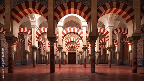 Intricate islamic architecture with repeating horseshoe arches and columns inside a historic spanish mosque illuminated by warm light