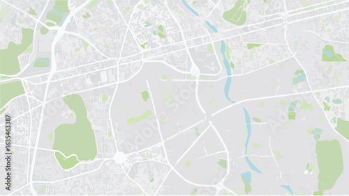Vector aerial view of a city map featuring roads, green spaces, and waterways in a light color palette