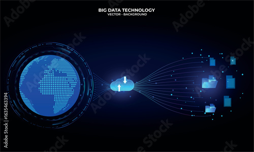Dynamic and futuristic digital data transfer with glowing blue lights and a world map sphere, floating holographic documents, and cloud technology elements (uploading and downloading). Technology, AI 