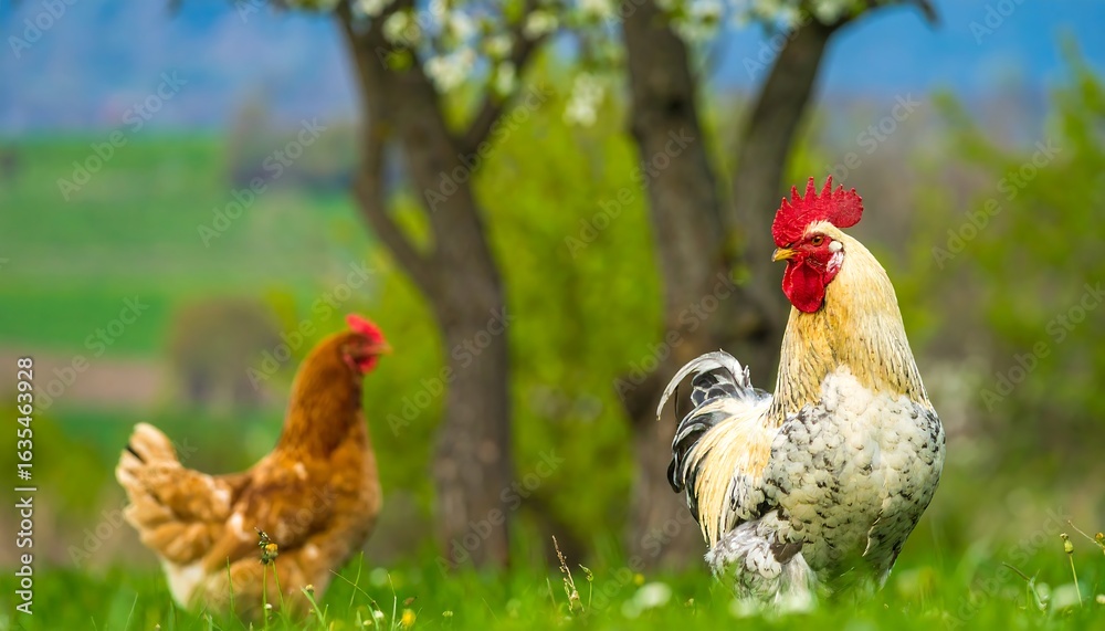 Fototapeta premium Two fowl in a meadow beneath a blossoming tree
