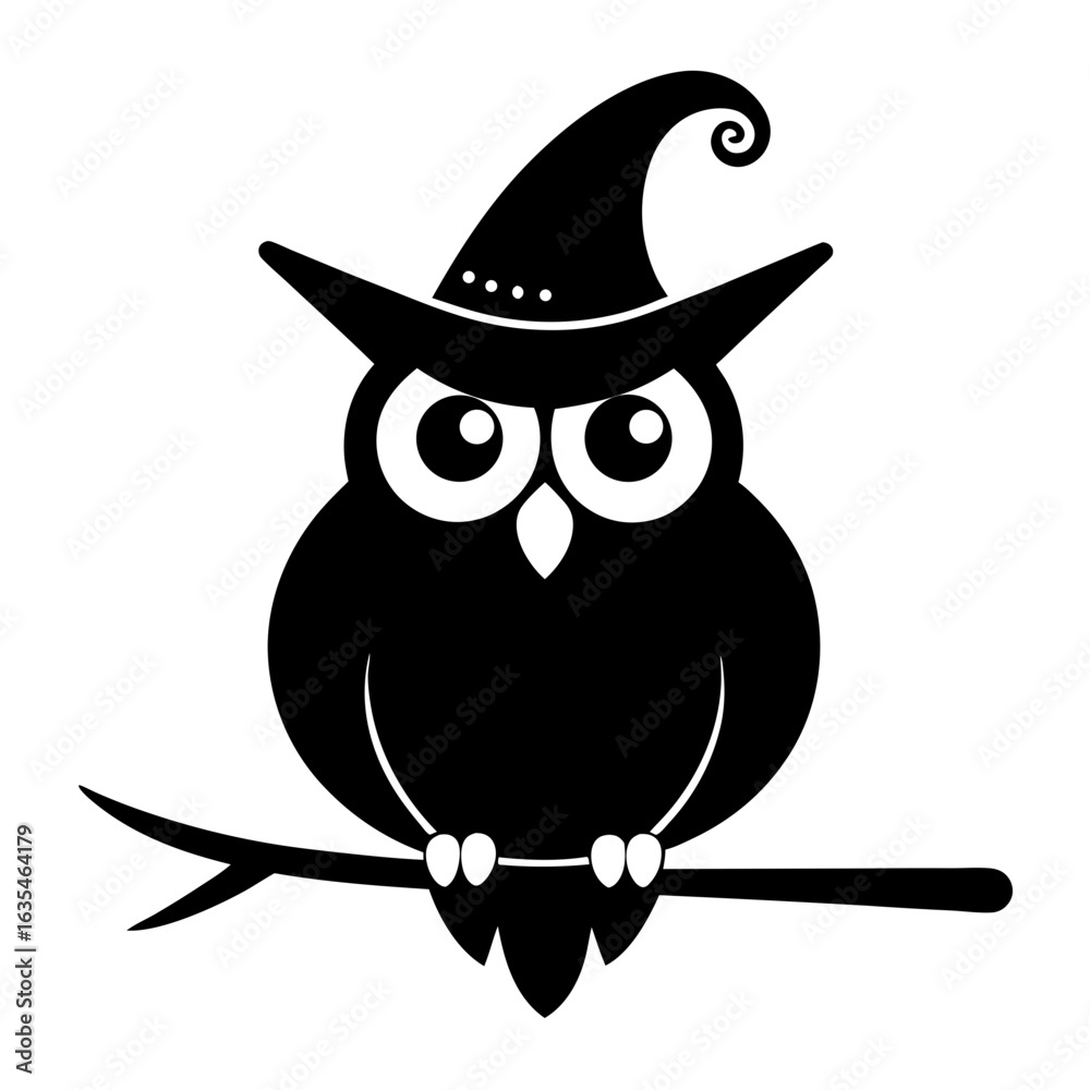 Fototapeta premium owl on branch with Witch hat silhouette vector illustration