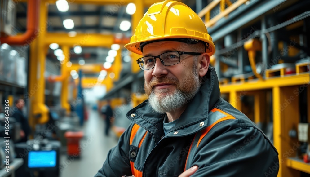 Confident Factory Worker Wearing Hard Hat in Manufacturing Environment