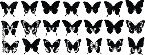 Collection of butterfly silhouettes, diverse patterns and shapes, black and white vector design, nature theme, insect wings, artistic inspiration