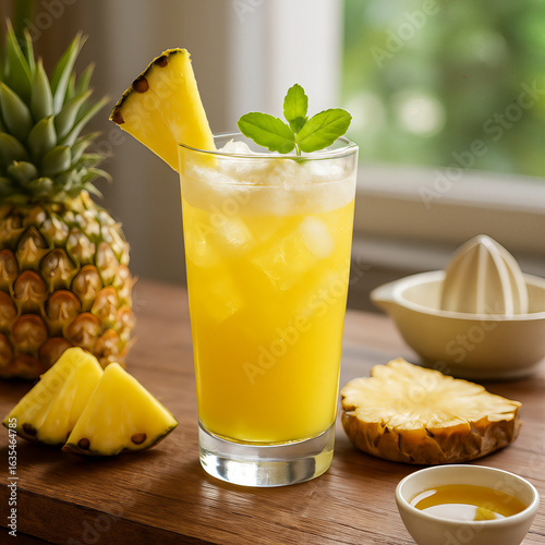 Homemade Pineapple Juice with Fresh Ingredients Out of Focus  on Rustic Kitchen Counter