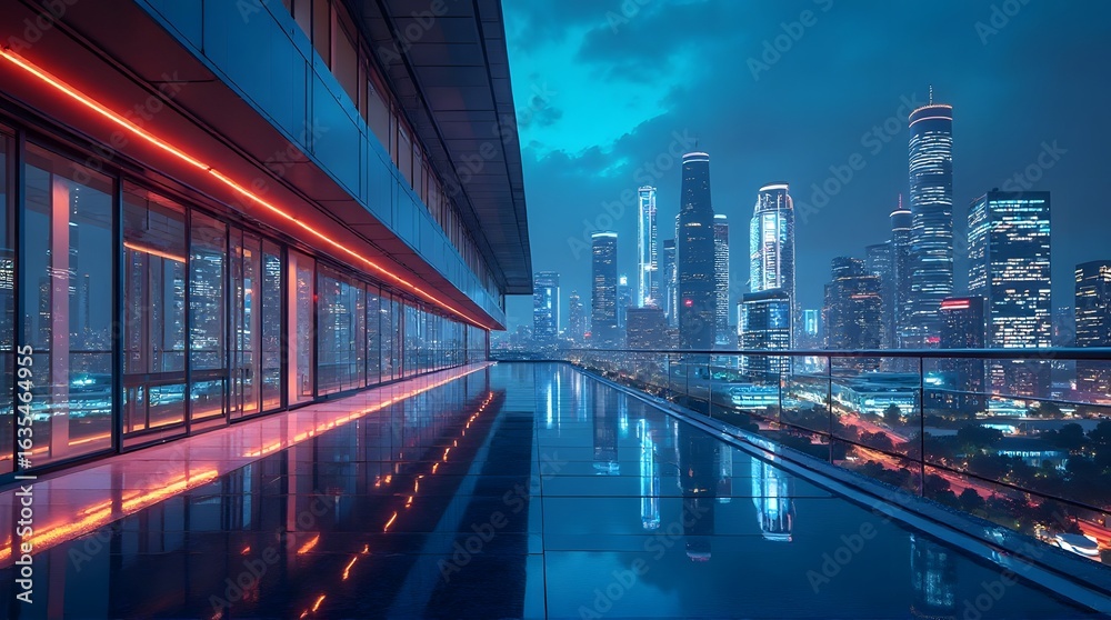 Fototapeta premium Futuristic Cityscape Reflection: Neon Lights and Skyscrapers at Night