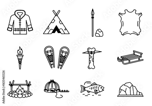 Winter & Outdoor Survival Vector Icon Set | Bold Line Style | Parka, Teepee, Spear, Snowshoes, Bone, Sled, Campfire, Compass, Fish, Mountain Icons

