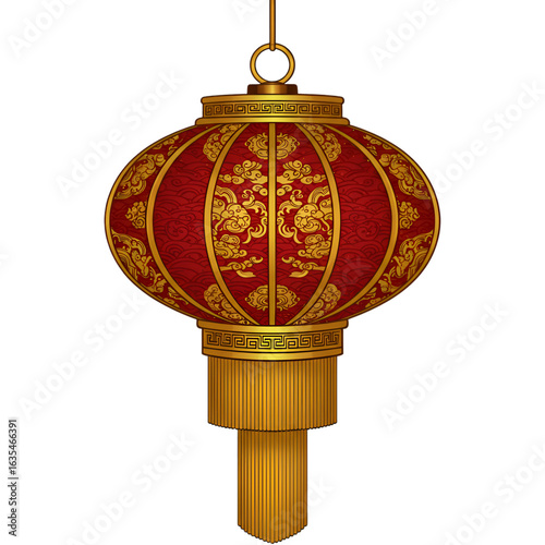 Illustration Of A Red And Gold Chinese Lantern Isolated On Transparent Background